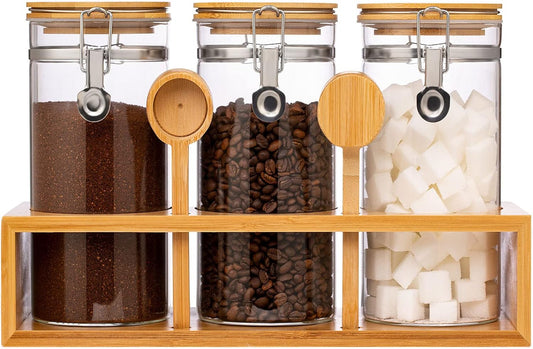 Yangbaga Glass Coffee Sugar Containers with Shelf, 3 x 45 OZ Coffee Bean Storage Station Organizer with Airtight Locking