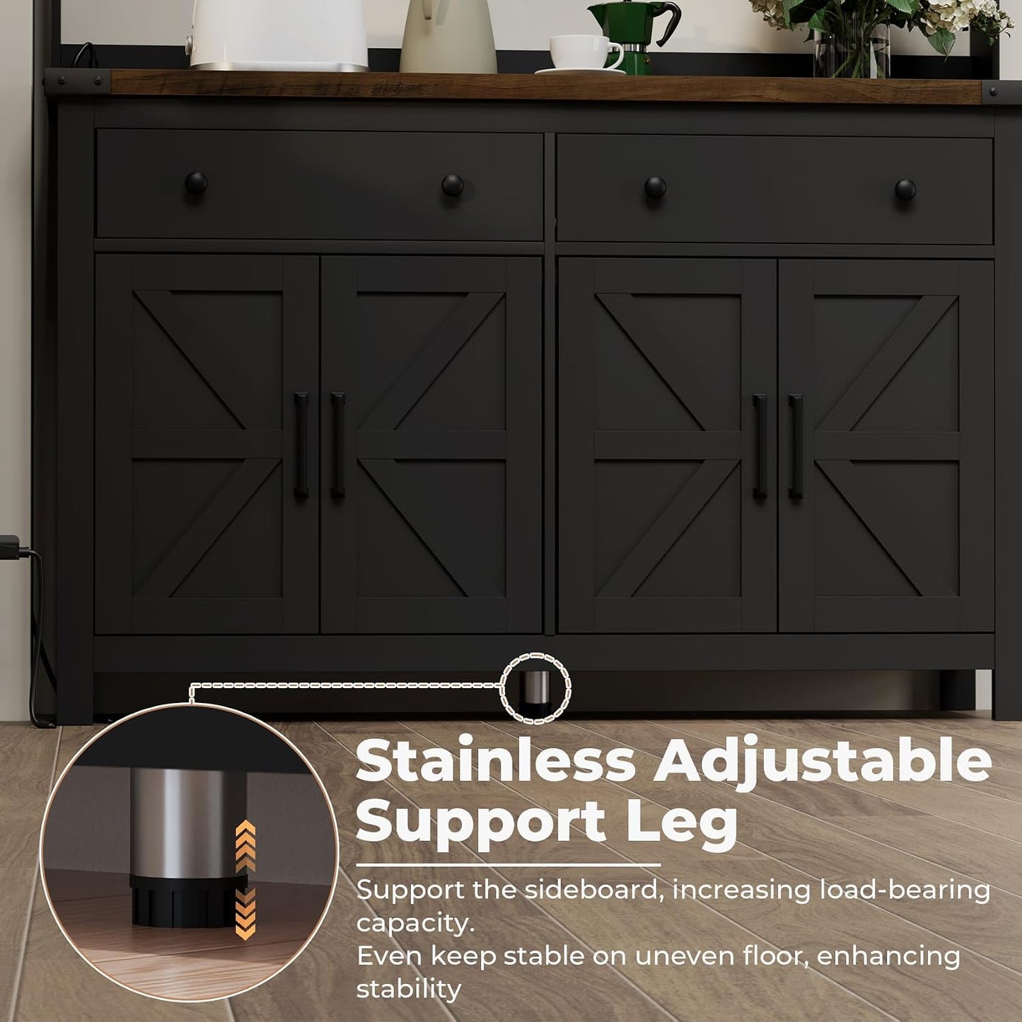 VVFLU Hutch Storage Cabinet Buffet with Drawers, and Charging Station, Coffee Bar Cabinet with Barn Doors, Wine Rack and Hooks, Countertop, Long Farmhouse, Black, for Kitchen, Dining Room, 54.1" High
