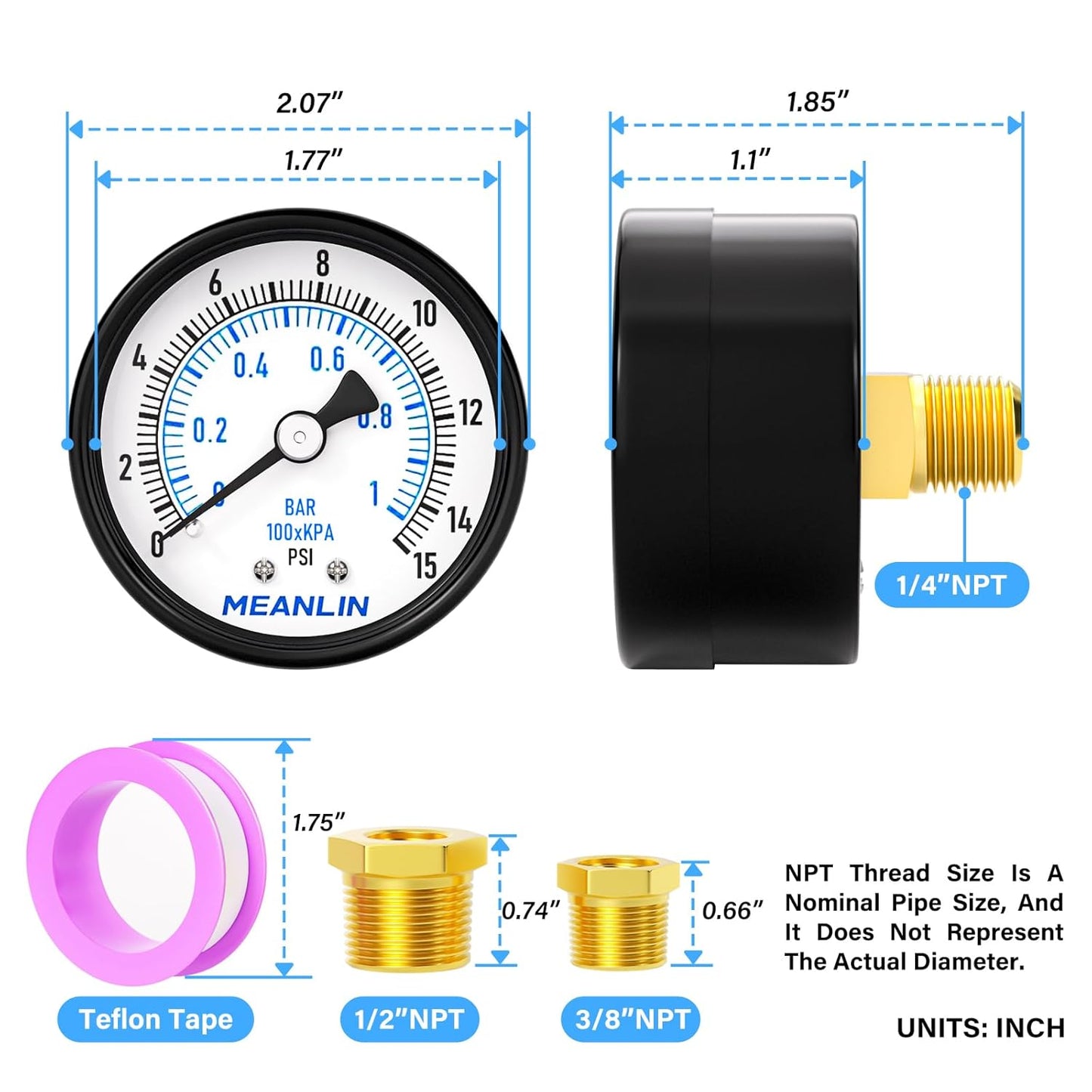 MEANLIN MEASURE 0-15Psi 2" DIAL FACE 1/4" NPT Well Pump Pressure Gauge, with 1/2" NPT and 3/8" NPT Hex Bushing, 3-2-3% Accuracy, Center Back Mount