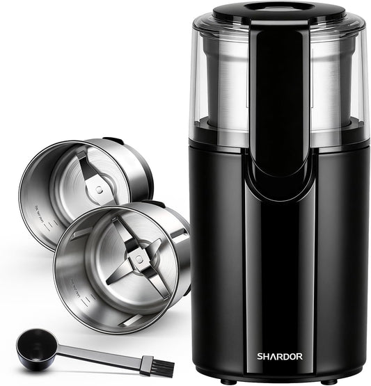 SHARDOR Electric Coffee Grinder, 2.5 oz Blade, 2 Bowls, Black