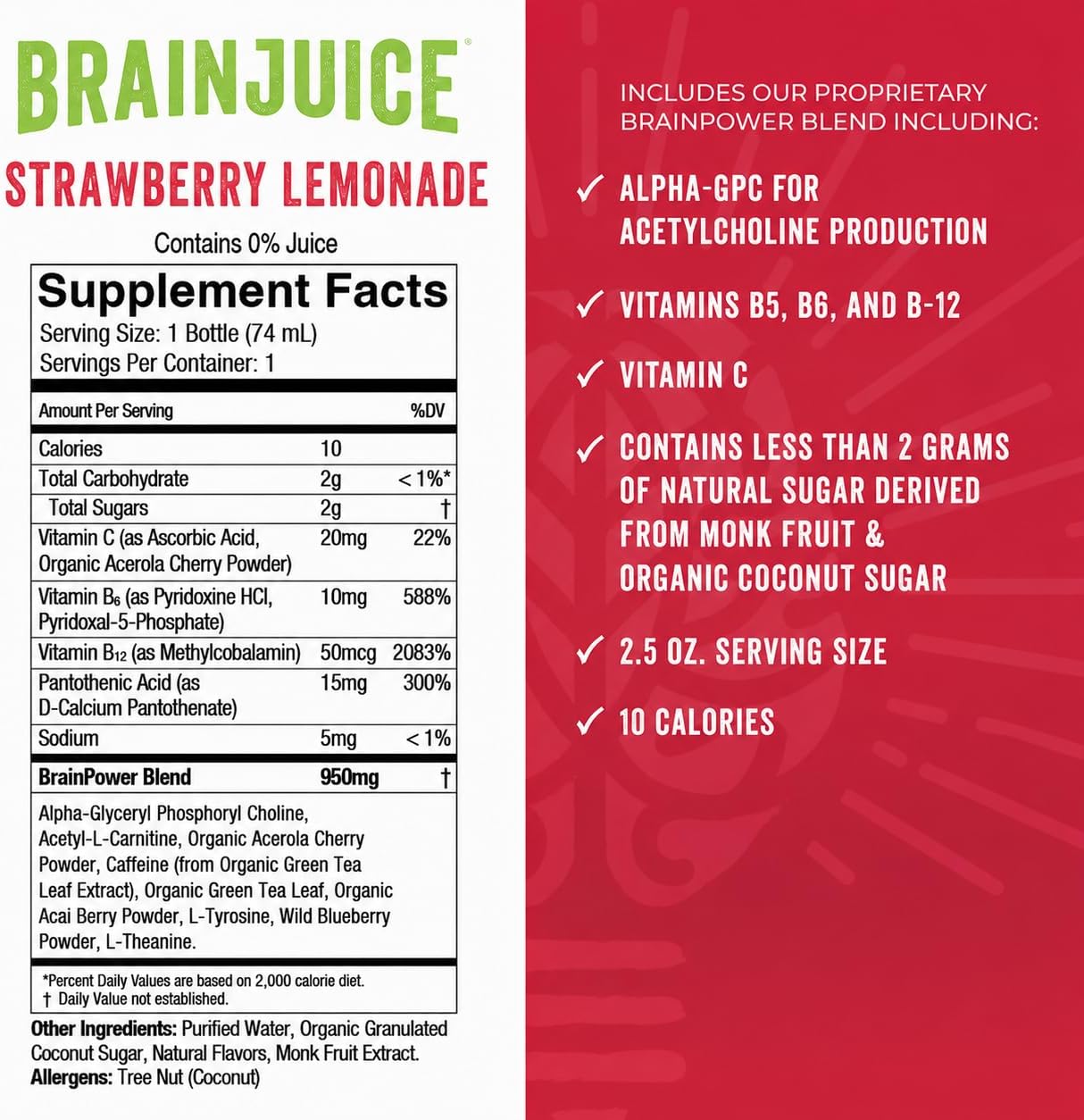 BrainJuice Strawberry Lemonade Nootropic Supplement Shot, 2.5 fl oz, 12 Pack