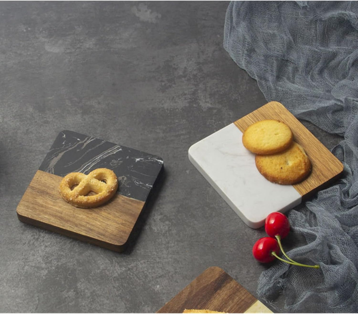 I-LAN 4-Piece Marble and Wood Coasters for Drinks, 4x4 Inch Square Modern White Marble and Natural Acacia Wood Coaster Set, Heat Resistant Table Protection for Coffee Table and Bar, White/Brown