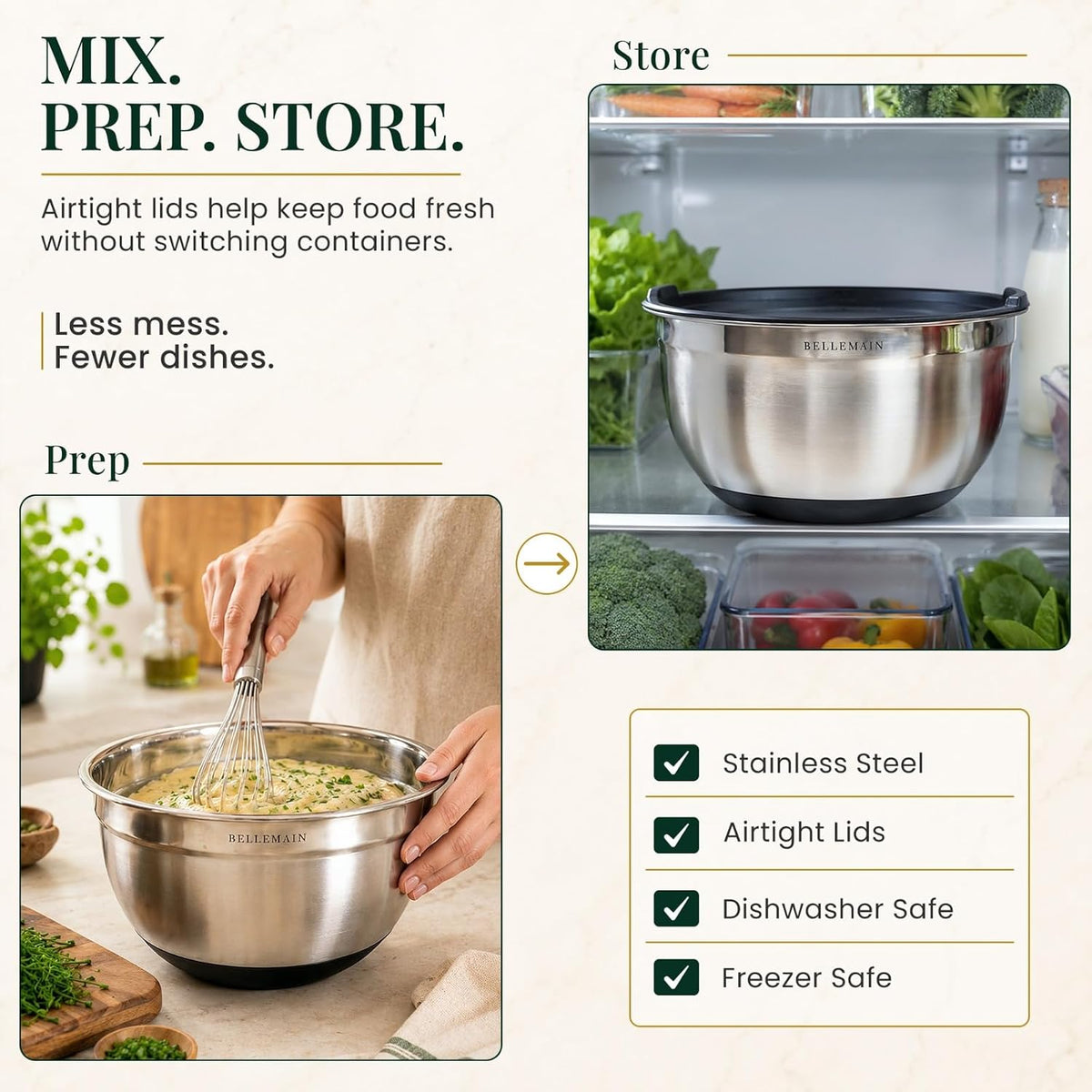 Bellemain Stainless Steel Mixing Bowls with Airtight Lids Set - Set of 3