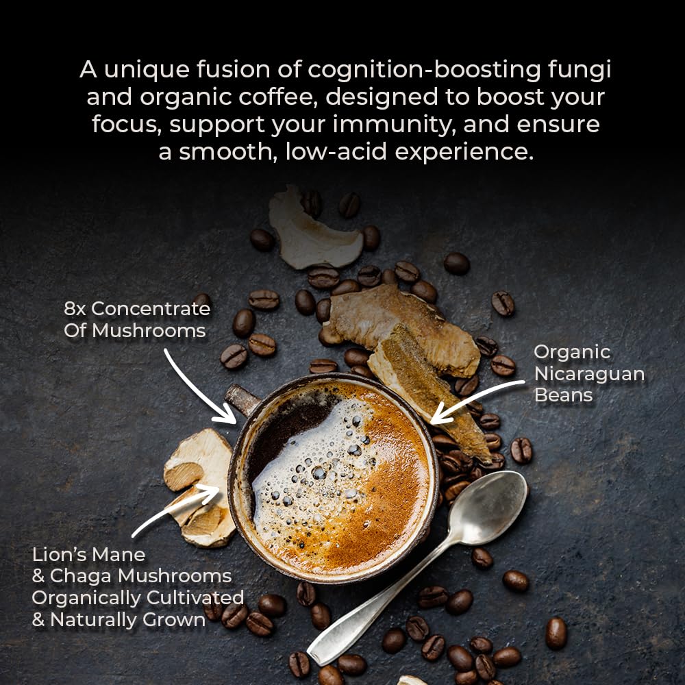 Lifeboost Cognition Focus Coffee for Calm Energy - Lion’s Mane Mushroom Coffee with Chaga - Organic Medium Roast Nootropic Coffee - Low Acid Adaptogenic Coffee - 12 oz Ground