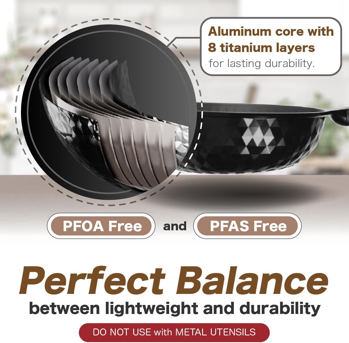Diamond X Premium Non Stick Wok Pan with Lid - 11" Large Flat Bottom Chinese Wok - Woks & Stir-fry Pans Nonstick - Titanium-Coated 8-Layered Korean Engineered Skillet for Frying, Oil-Free, PFOA-Free