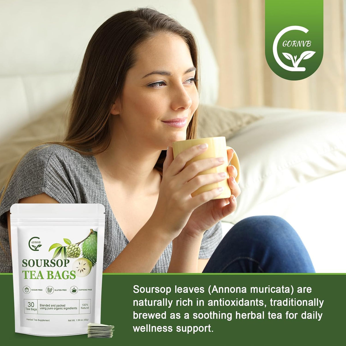 Organic Soursop Leaf Tea Bags | Annona Muricata Herbal Tea for Relaxation &amp; Wellness | Caffeine-Free, Antioxidant Rich | 30 Count | Gluten-Free