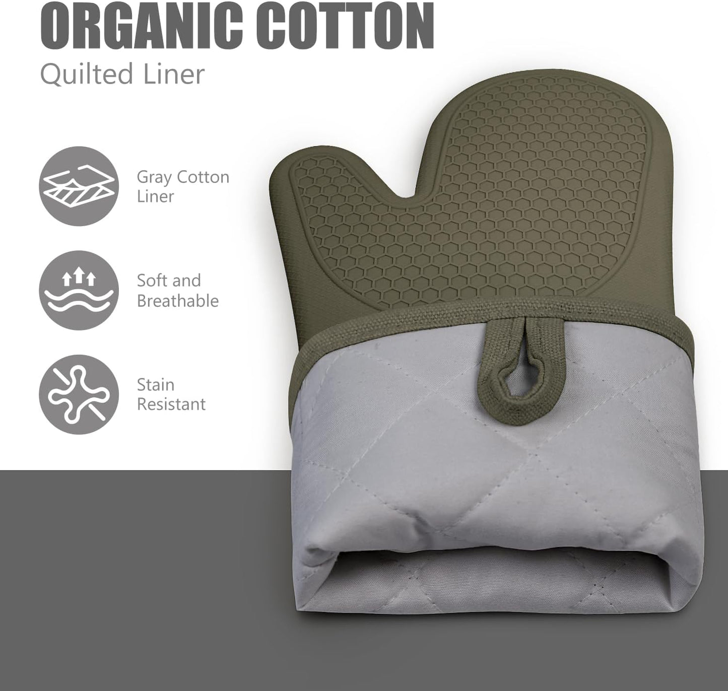 RORECAY Silicone Oven Mitts and Pot Holders Sets, Gloves for Kitchen, Olive | Set of 6 Kitchen Mitts for Baking &amp; Cooking, Heat Resistant 500 ℉, 12.7" Extra Long, Non-Slip &amp; Waterproof, Quilted Cotton