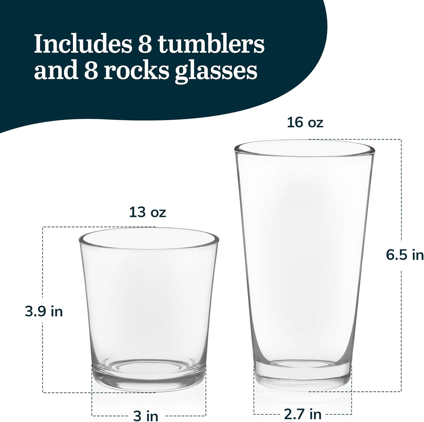 Libbey Preston Tumbler &amp; Rocks Drinking Glasses Set of 16, All-Purpose Cups | 16 oz and 13 oz Capacities for Water, Juice, Cocktails, and More with Wide Mouths and Dishwasher-Safe Cleanup