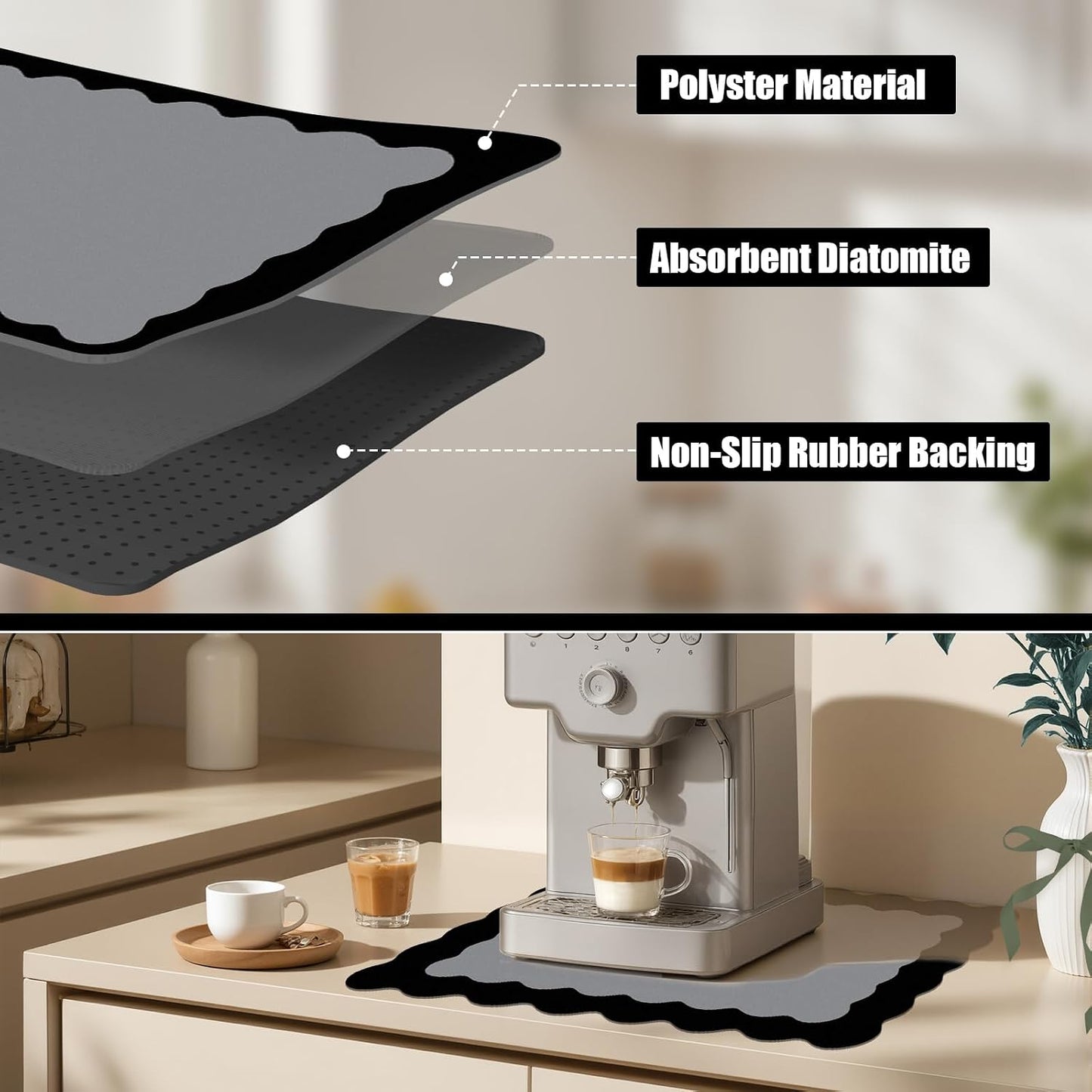 Black Scalloped Coffee Mat for Countertop Coffee Bar Mat Matt | Diatomite Absorbent Non-Slip Rubber Backing Coffee Staion Mats for Kitchen Counter, Kitchen Aesthetic Decor (12"x19", Black)