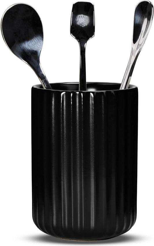 Ceramic Spoon Holder for Coffee Bar, Upright Tea Spoon Holder Cup, Coffee Stirrers Straws Stir Stick Holder, Black Fluted