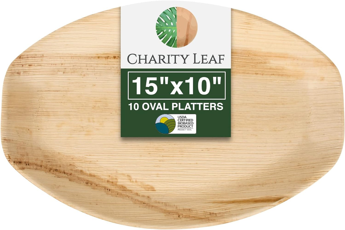 Charity Leaf Disposable Palm Leaf 15" x 10" Trays (10 pieces) Bamboo Like Serving Platters, Disposable Boards, Eco-Friendly Dinnerware For Weddings, Catering, Events
