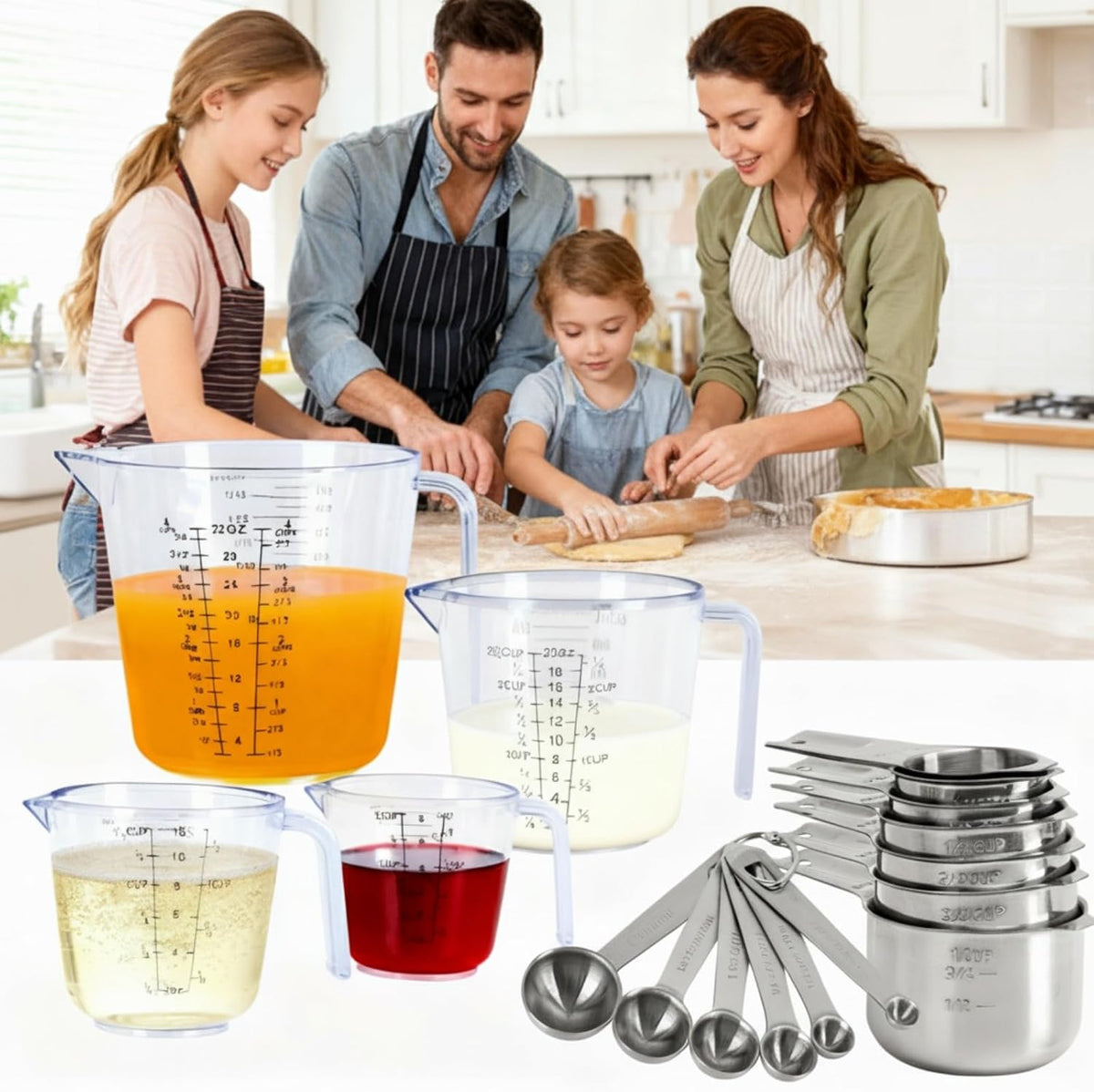 7x Stainless Steel Measuring Cups with 6x Measure Spoons Set,4x Py&amp;Res Plastic liquid Measurings Cups for Liquids,Kitchen Gadgets for Cooking &amp; Baking Utensils Christmas Gift (17Pcs)