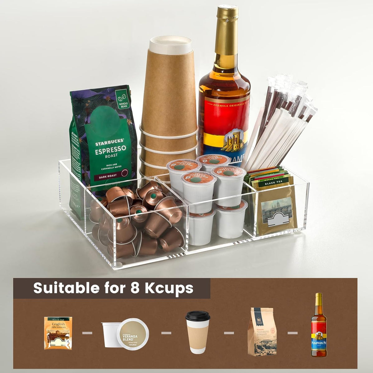 BEYGORM Acrylic Coffee Bar Station Organizer for Countertop,Office Breakroom Clear Snack Tea Storage Accessories Holder for Kcup Pod Condiment Cup Sugar Creamer Syrup, Gift for Coffee Lovers