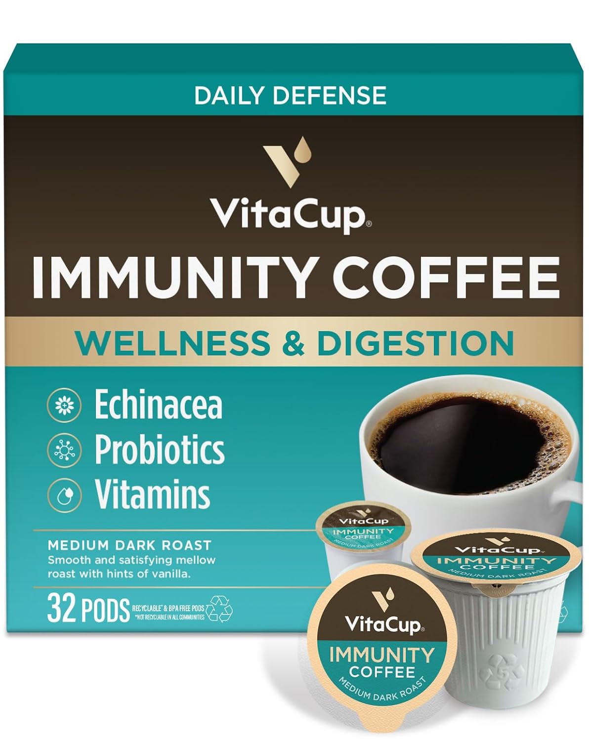 VitaCup Immunity Medium Roast Coffee Pods, 32ct | Medium Dark Roast, Dark Roast, D3