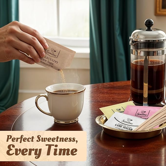 Sweetmo Sugar Packets Variety Pack - Sucralose, Raw Sugar, Saccharin, Cane Sugar with Wooden Stirrers - 400 Count for Coffee, Tea, Office Breakrooms, Home & Airbnb