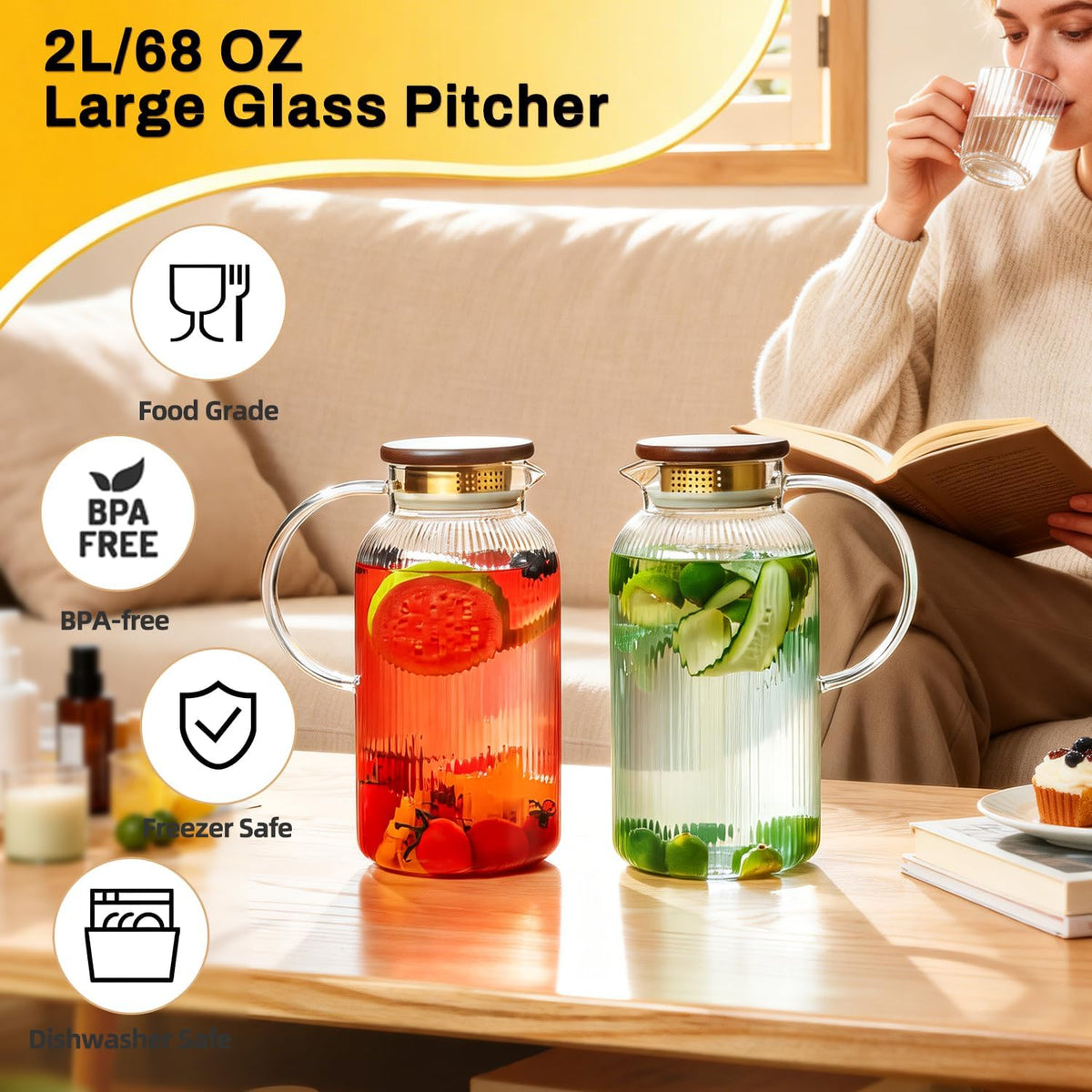 Buaic 2 PACK Glass Pitcher with Lid, 68oz/ 2 Liter Glass Water Pitcher | Classic Vertical Stripes Water Pitcher with Wooden Lids and Widened Handle, Glass Water Carafe for Iced Tea,Beverage,Hot/Cold
