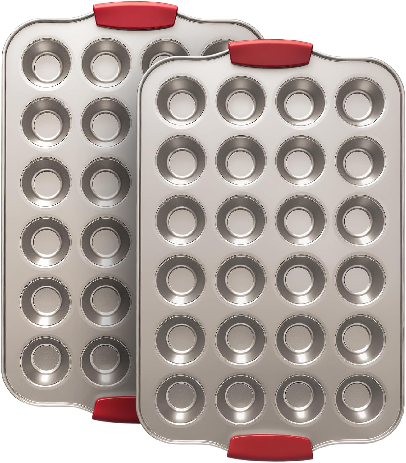 24 Cup Mini Cupcake Pan with Silicone Handles, Non-Stick Mini Muffin Pan, Baking Molds for Mini Cupcakes, Muffins, Quiches, Carbon Steel Mini Baking Pan, Dishwasher Safe (2 Pack)