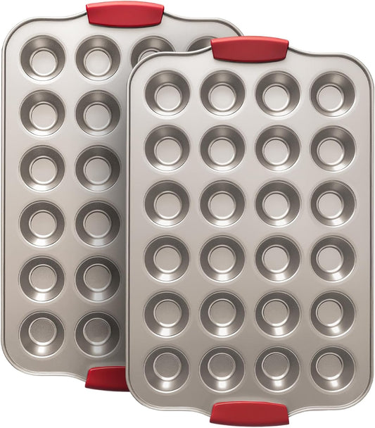 24 Cup Mini Cupcake Pan with Silicone Handles, Non-Stick Mini Muffin Pan, Baking Molds for Mini Cupcakes, Muffins, Quiches, Carbon Steel Mini Baking Pan, Dishwasher Safe (2 Pack)