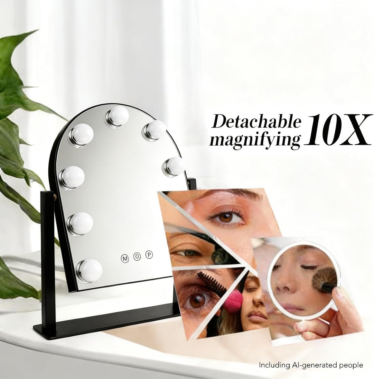 Arched Makeup Vanity Mirror with Lights,10X,Black,14.17"x11.81" | Vanity Mirror with Detachable 10X Magnification Mirror, Rechargeable, 3 Color Lights,Smart Touch, 360‑Degree Swivel