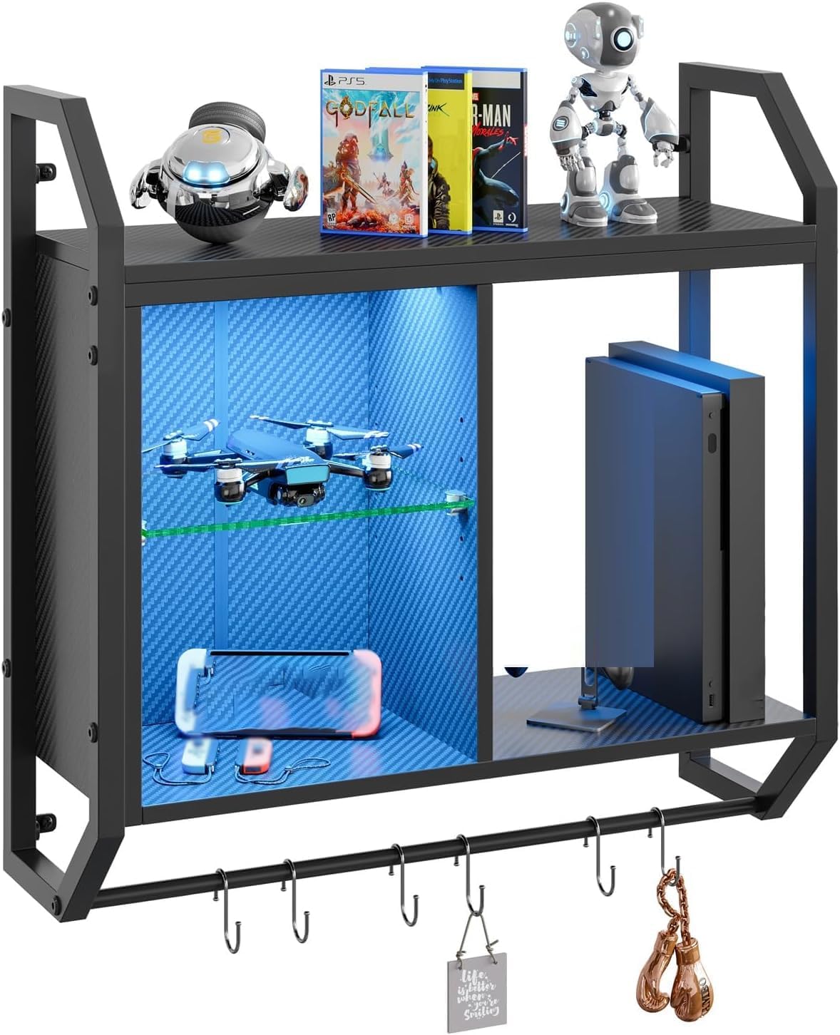 Bestier 25" LED Gaming Floating Shelves for Wall, Wall Mounted Shelf Pipe Adjustable Glass Shelves, Hanging Display Rack with 6 S-Hooks Towel Bar, Gaming Room Decor Shelf, Carbon Fiber Black
