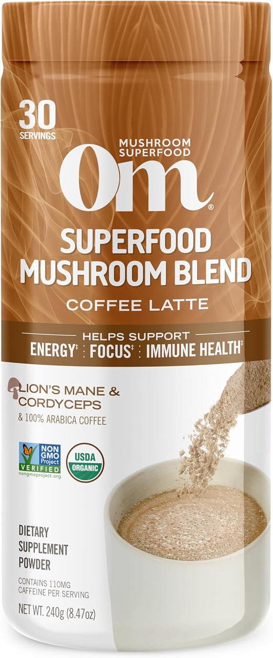 OM MUSHROOM SUPERFOOD Coffee Latte Blend Mushroom Powder, 8.47 Ounce Canister, 30 Servings, Lion's Mane, Cordyceps, Reishi,