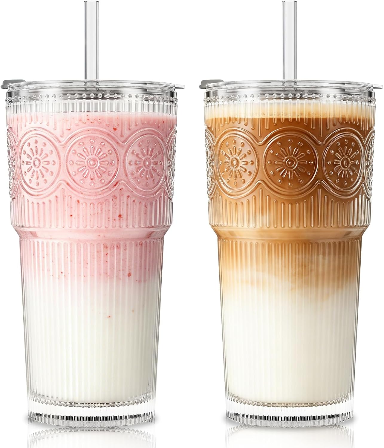 SoulTimes 20oz Ribbed &amp; Floral Glass Tumbler with Lid and Straw – Iced Coffee Glasses Cups for Smoothie, Matcha, Juice, Water etc. Leakproof and Reusable Glassware Drinking for Travel To Go [2Pcs]