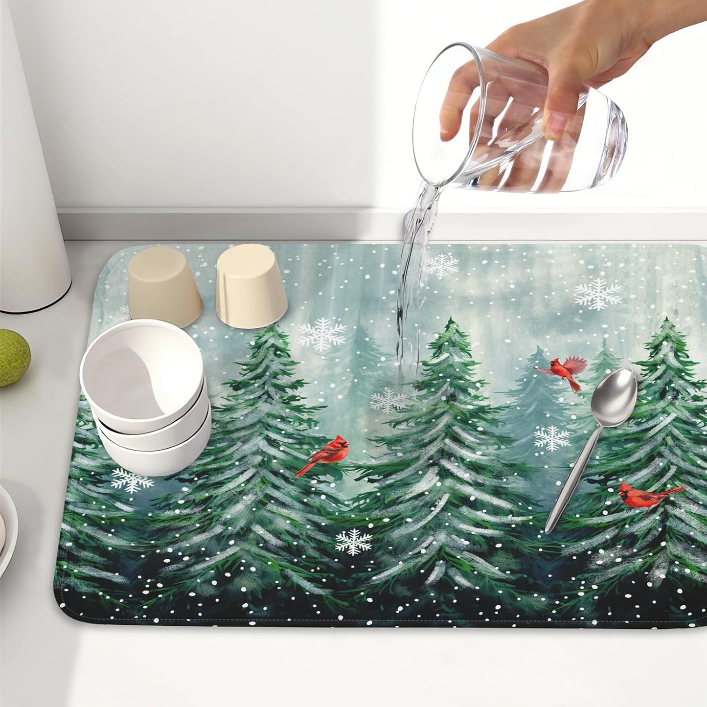 Winter Pines Tree Dish Drying Mats for Kitchen Counter, Christmas Tree Dish Mat Absorbent Reversible Microfiber Dish Drying Pad Winter Kitchen Drying Mat Dish Drainer Rack Mats for Coffee Bar 18"x24"