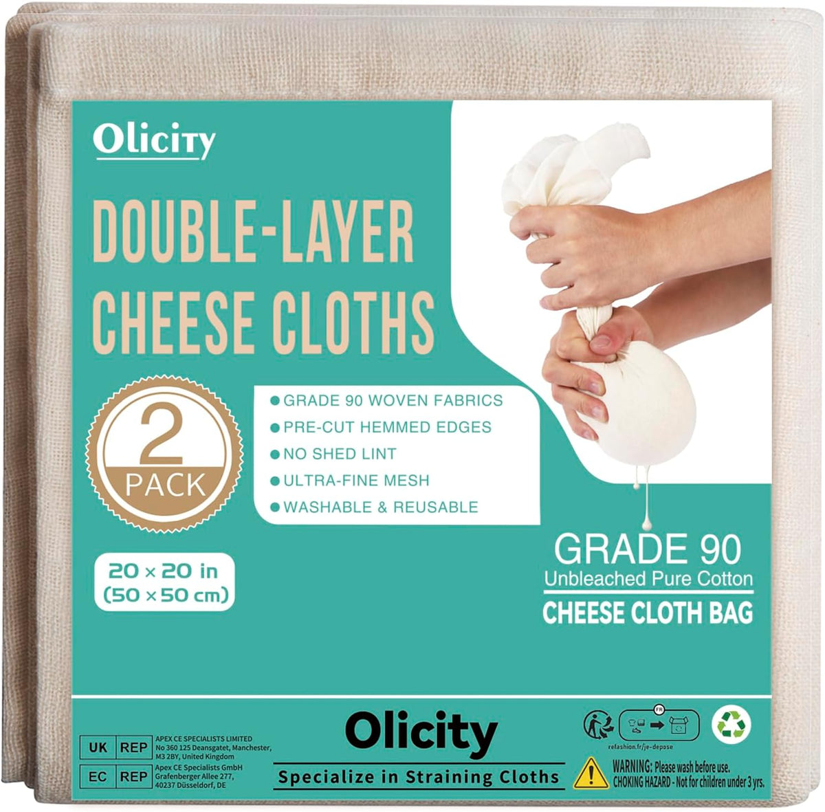 Olicity Cheese Cloths, 2Pack, Double-Layer, 20x20Inch, Reusable