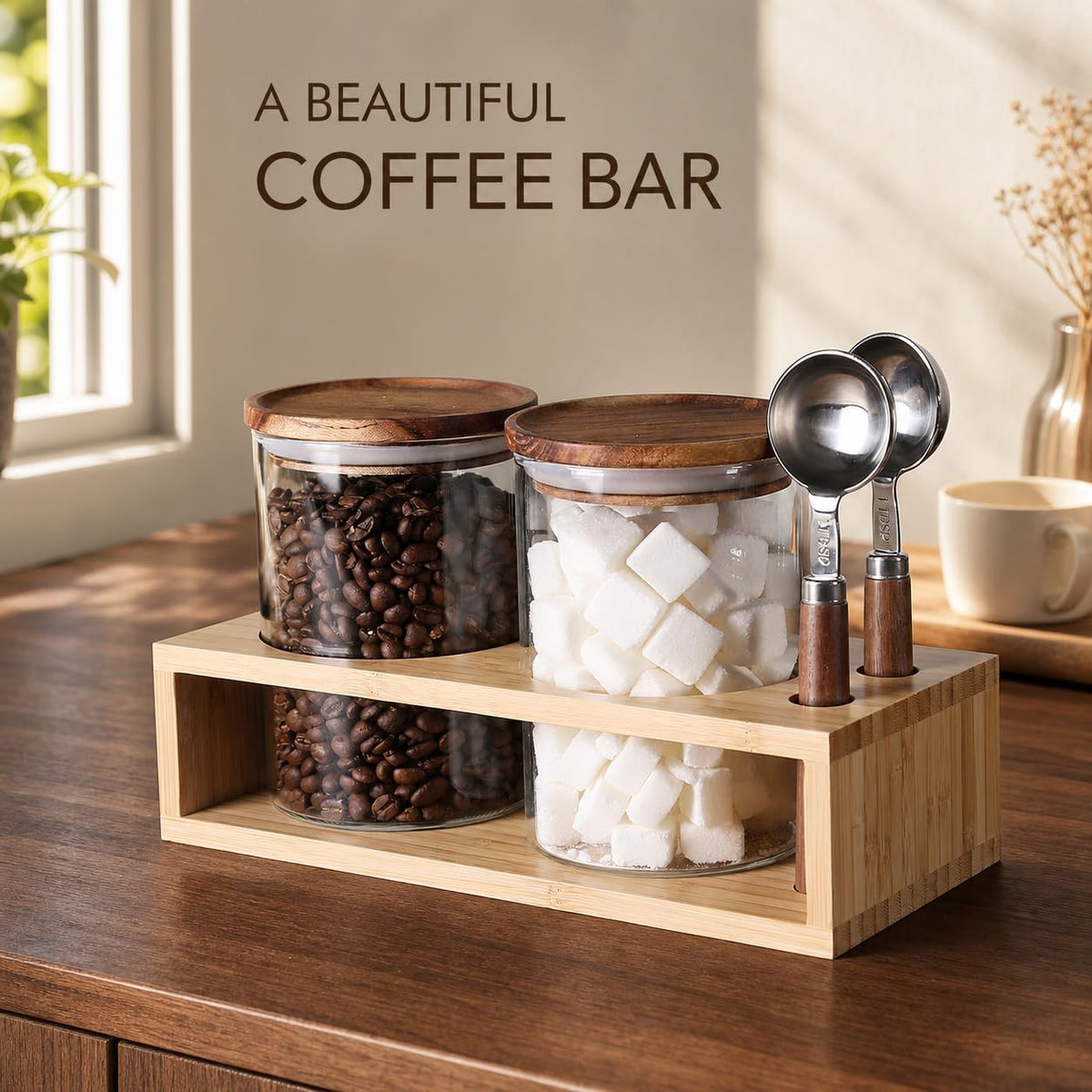 KKC HOME ACCENTS 2 Glass Coffee Canister Set with Bamboo Rack &amp; Scoops-25oz | A complete coffee bar organization set featuring 2 glass jars, airtight lids, wooden-handle scoops, and a bamboo stand.