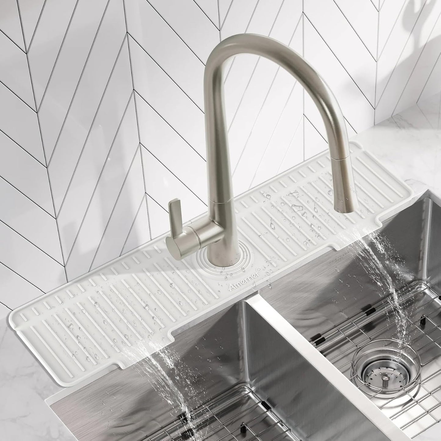 Kitchen Sink Splash Guard, 20IN Longer Silicone Faucet Guard &amp; Draining Mat, Bathroom and Kitchen Sink Organizer, Sink Faucet Mat Water Splash Guard Behind Faucet Accessories Gadget, 20” x 5.5”, White