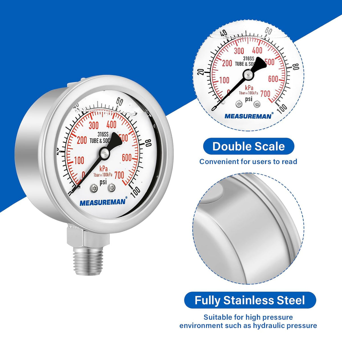 MEASUREMAN Pressure Gauge 1/4 NPT, 0-100psi/kPa Fully Stainless Steel Hydraulic Glycerin Filled Pressure Gauge with 2.5 Inch Dial Size (0-100 psi, Lower Mount - 100% Stainless Steel)