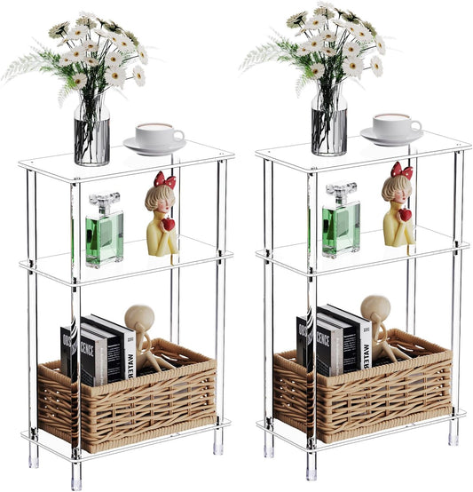 Clear Acrylic Narrow Side Table Set of 2 for Small Spaces, 15.75" L x 7.87" W x 24.6" H, 3 Tier Rectangle Slim End Table