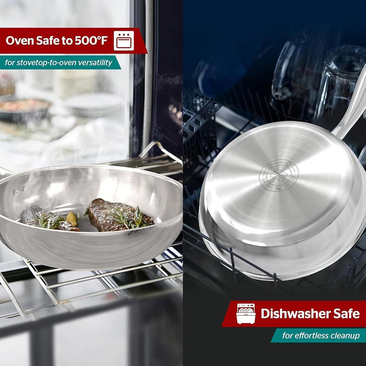 Sunhouse 18/10 10 Inch Stainless Steel Frying Pan, Whole-Clad No Coatings Skillet with Stay-cool Handle for Cooking, Durable & Oven Safe to 500°F, Dishwasher Safe, Compatible with All Cooktops