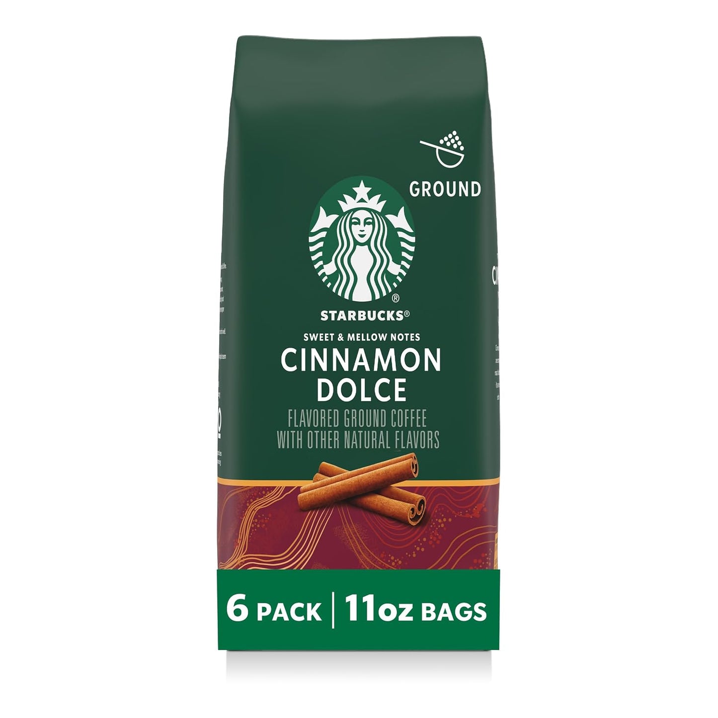 Starbucks Ground Coffee, Flavored Hot or Iced Coffee, Cinnamon Dolce, Six 11 oz Bags