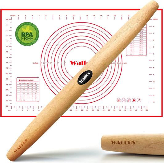 WALFOS French Rolling Pin and Silicone Baking Mat Set, Non-Stick Beech Wood Rolling Pin 15.7 Inch and Pastry Mat for Best