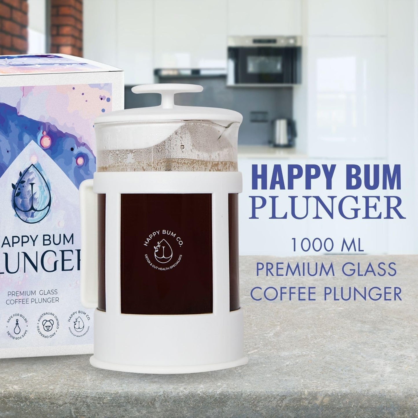Happy Bum Coffee Plunger, 1L Glass French Press with Steel Strainer | 1L glass French press with a stainless steel strainer, designed for convenient coffee brewing and storage.