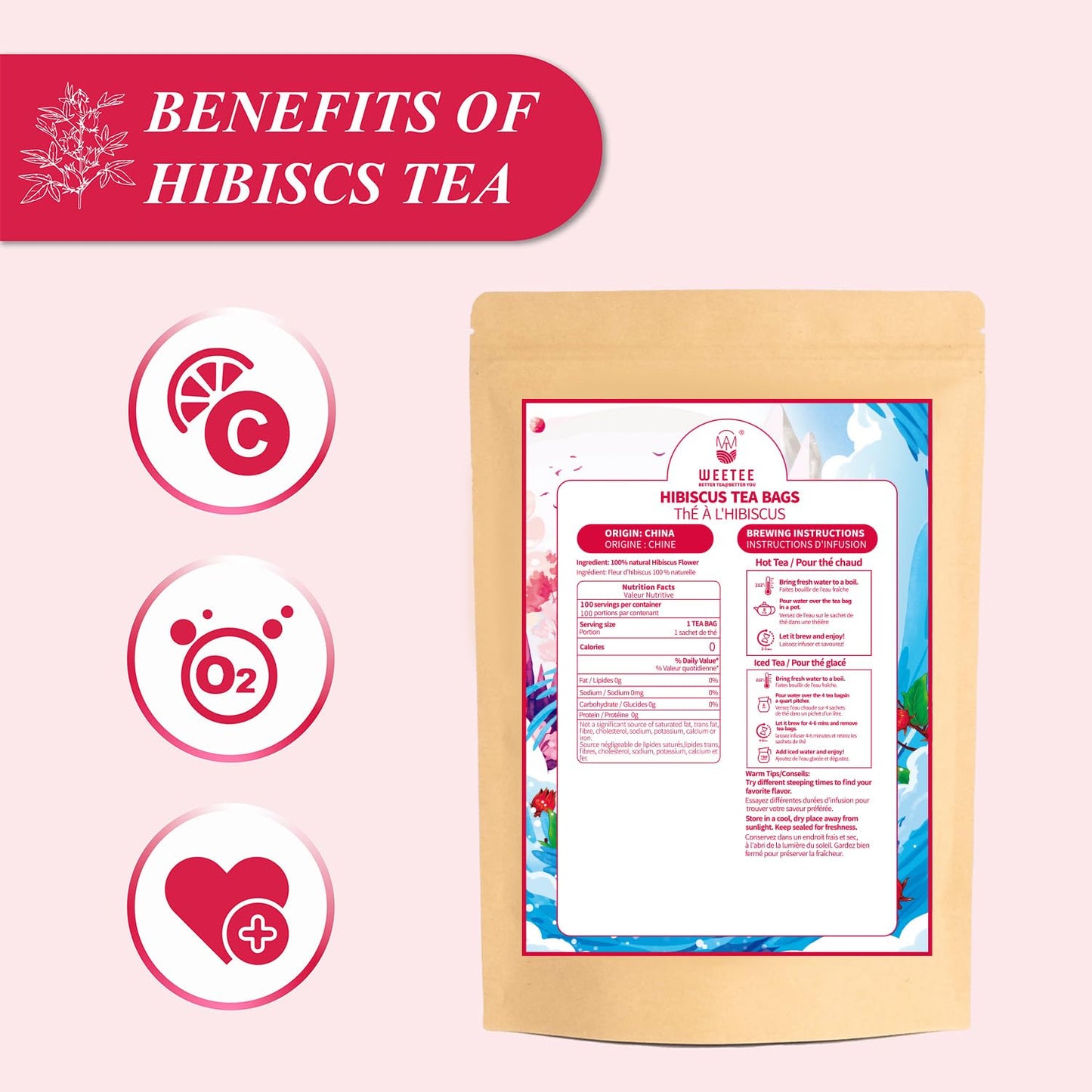 WT WEETEE Hibiscus Tea Bags 100ct, Cold Brew Friendly Pure Hibiscus Flowers | Tangy &amp; Refreshing, 100% Dried Hibiscus Petals with No Additives, Caffeine-Free, Antioxidant-Rich Daily Tea for Hot or Iced