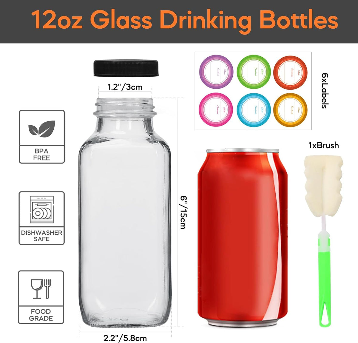 STARSIDE 12 oz 3 Pack Glass Juice Bottles with Lids - Square Reusable Drinking Jars for Juicing, Milk, Kombucha - Includes 1 Bottle Brush, 6 Colored Labels
