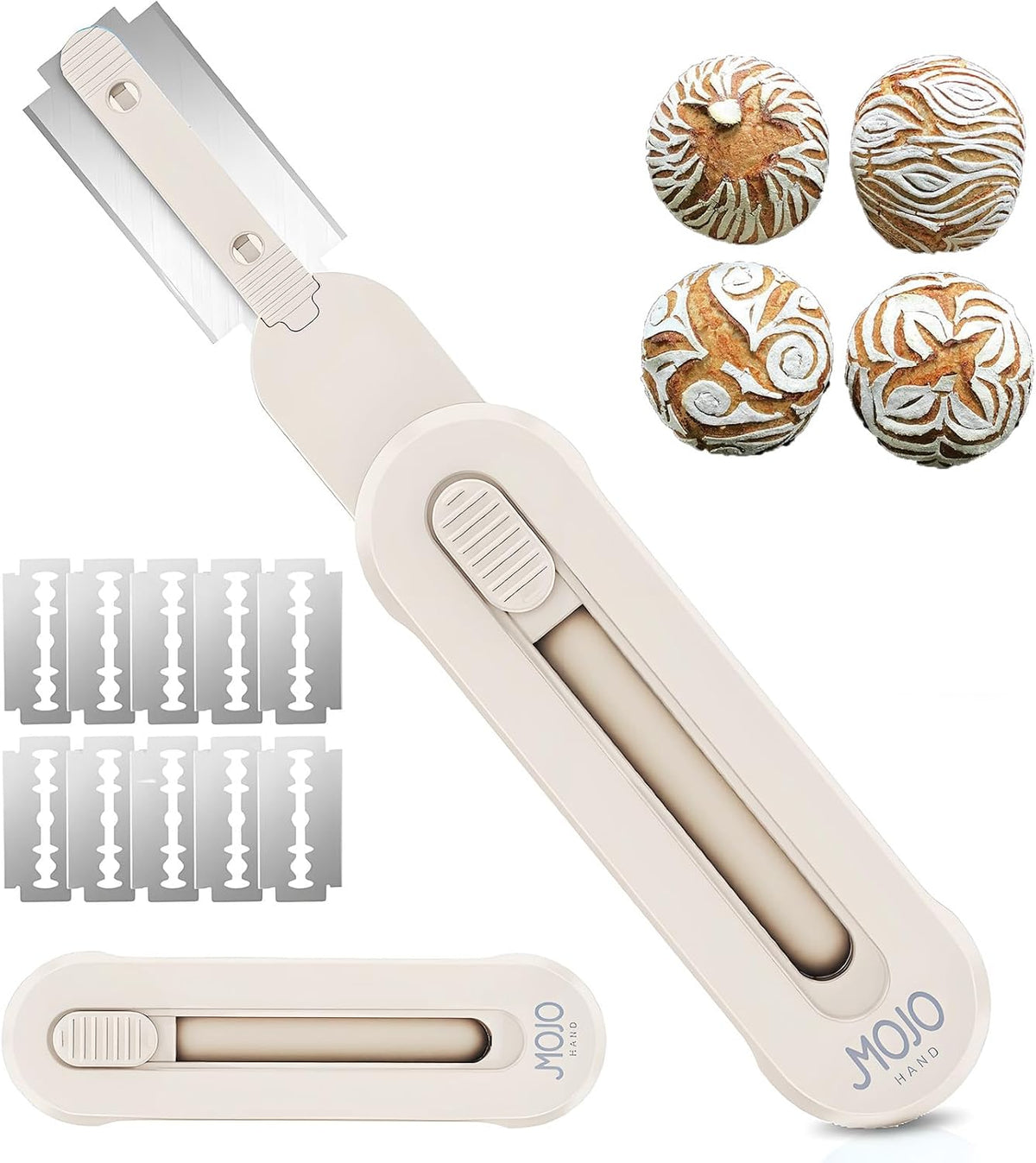 MOJOHAND Bread Lame Dough Scoring Tool, Retractable Blade, Off-White | Anti-slip grip for precise dough scoring, long blade retracts safely, reusable, for artisan bread, easy swap