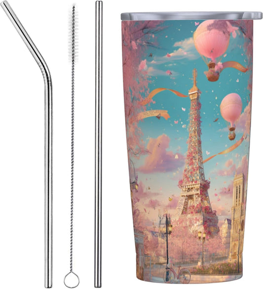 Paris Eiffel Tower Tumbler with Lid and Straw 20oz Coffee Tumblers Leakproof Stainless Steel Travel Mug Vacuum Insulated Cup
