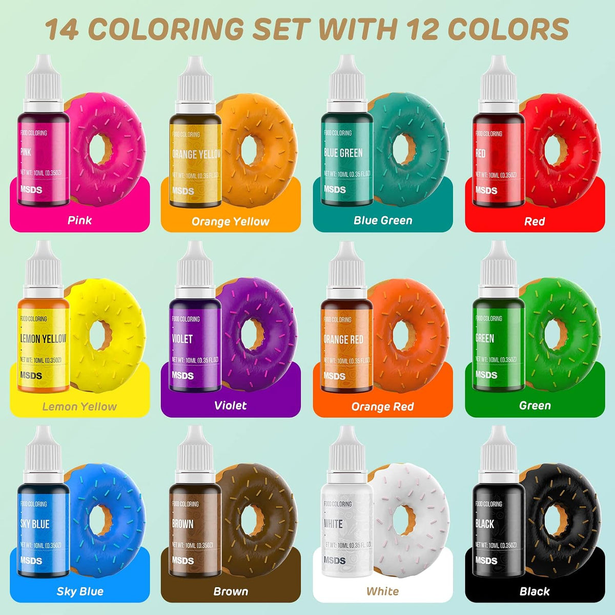 14 Food Coloring Set, Nomeca Liquid Vibrant Food Color Tasteless Food Dye for Baking, Icing, Cake Decorating, Fondant, Easter Egg, Slime Making DIY Supplies Kit - 0.35 Fl. oz (10 ml)/Bottles