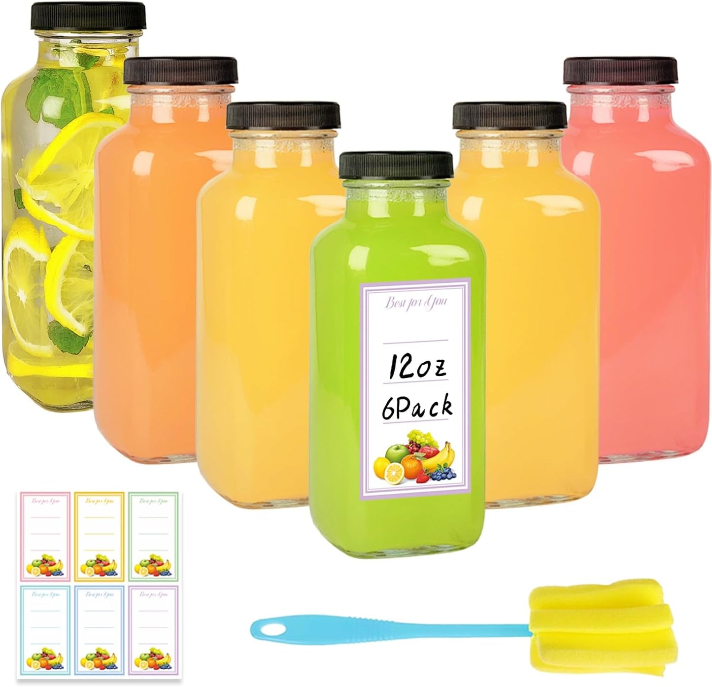 6 Pack 12oz Glass Drink Bottles with Lids, 360ml Vintage Glass Water Bottles with Caps, Reusable Jui