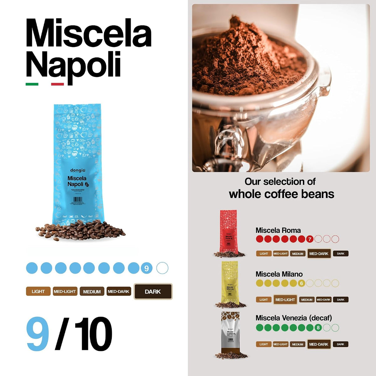 Dongio Caffe Napoli Blend Whole Bean Coffee, Dark Espresso Roast, 2.2 lb Bag, Roasted in Italy, Premium Italian Coffee Beans with Dark Chocolate &amp; Baked Cookie Notes