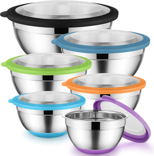 Colorful Mixing Bowl Set of 6 for Kitchen, Large Stainless Steel Metal Nesting Mixing Bowls with Airtight Lids, Non Slip -