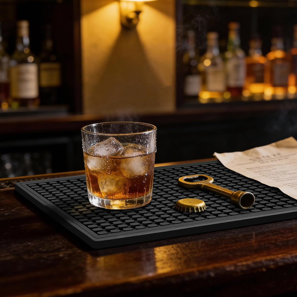 ZJWZLG Bar Mat 5.9"x11.8"(2Pcs) Non-Slip Rubber Bar Mat, Spill Proof &amp; Flat Design,Easy to Clean Textured Surface for Home Bar,Coffee Station, Bartending - Protects Countertops &amp; Glassware (Black).