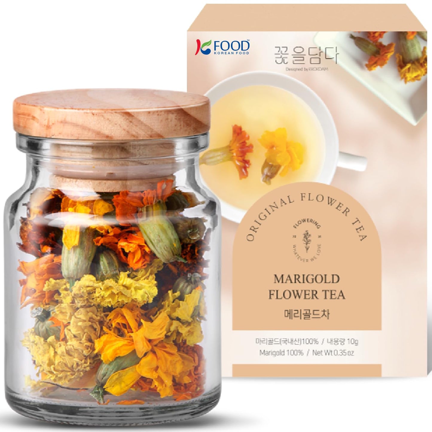 Korean Food KKOKDAM Marigold Flower Tea, Decaf Floral Blend Sugar Free, 10g | Natural marigold flower tea with no caffeine, sugar free, zero calories, and made with whole flowers in Korea.