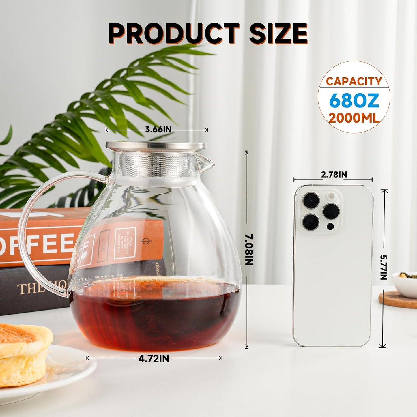 68OZ/2000ML One Touch Glass Teapot with Stainless Steel Filter Lid, Stovetop &amp; Microwave Safe Tea Maker Water Kettle, Strainer &amp; Cover 2 in 1 Loose Leaf Tea Steeper Pot Coffee Carafe