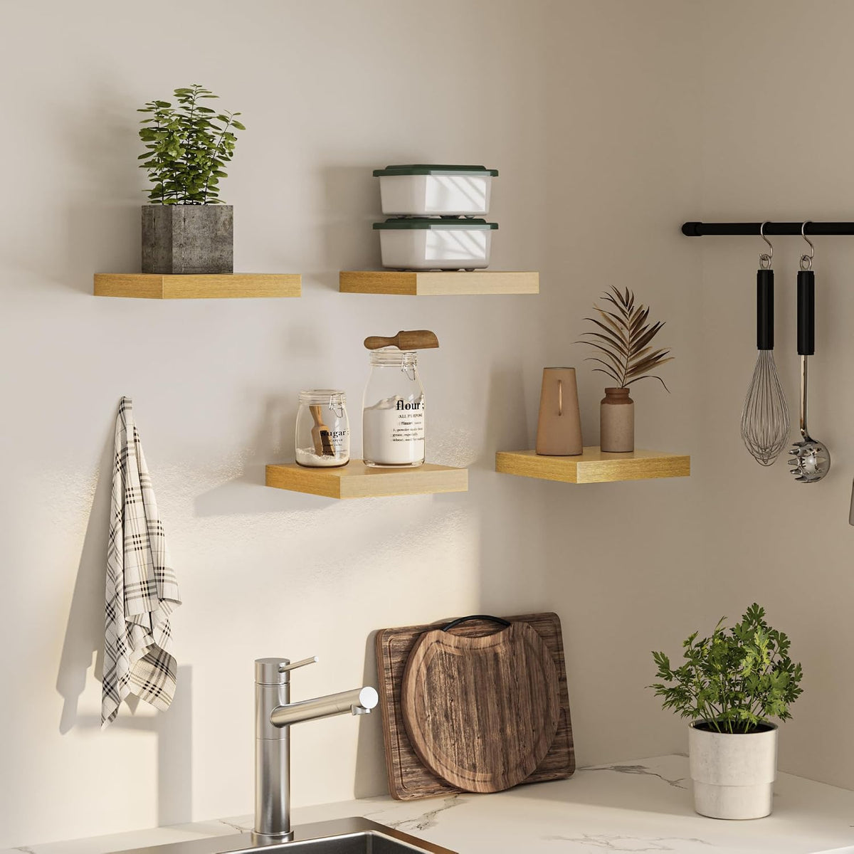 FLYJOE Square Floating Shelves for Wall, 10" W x 10" D x 1.4" H, Small Wooden Wall Mounted Display Shelves with Invisible Brackets for Living Room, Bedroom, Bathroom, Kitchen Decor, Set of 4, Oak