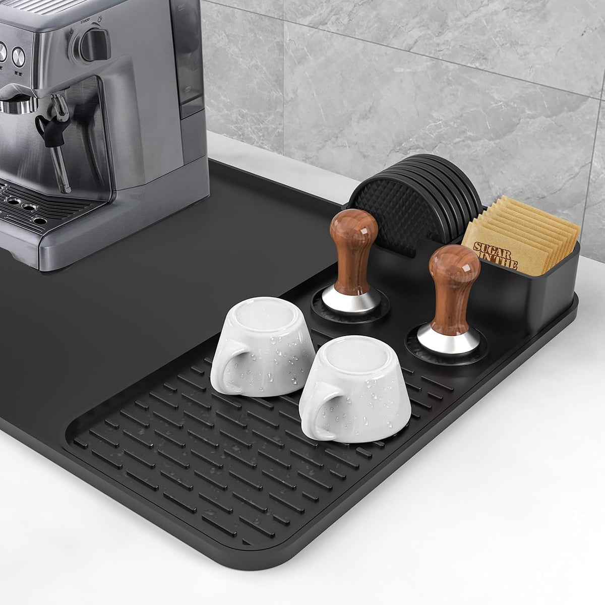 Silicone Coffee Mat with 6 Coasters,24"x16" Counter Bar Mat Fits Under Coffee Maker/Pot &amp; Espresso Machine, Bar Aceessories,Detachable Drying Pad for Tamper,Sugar Packets,Cups &amp; Countertop Protection