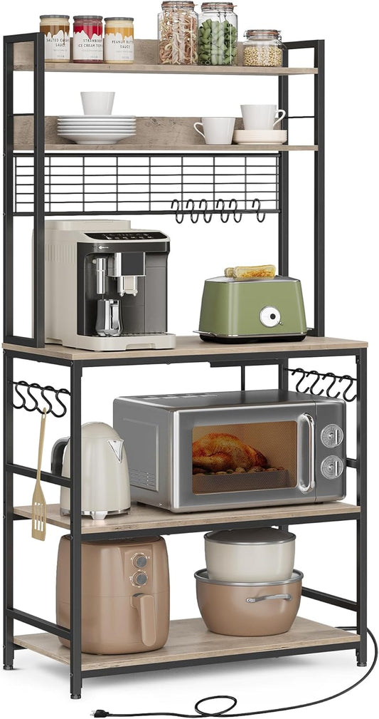 VASAGLE Hutch Bakers Rack with Power Outlet, 14 Hooks Microwave Stand, Adjustable Coffee Bar with Metal Wire Panel, Kitchen